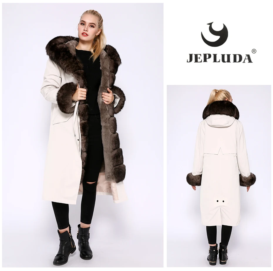 JEPLUDA парка женская с натуральным мехом лисой большой на капюшоном и манжетами меховой подкладкой кролика рекс полный толстый разъемный зимнее женское пальто с мехом съемный женская куртка из натурального меха лиса