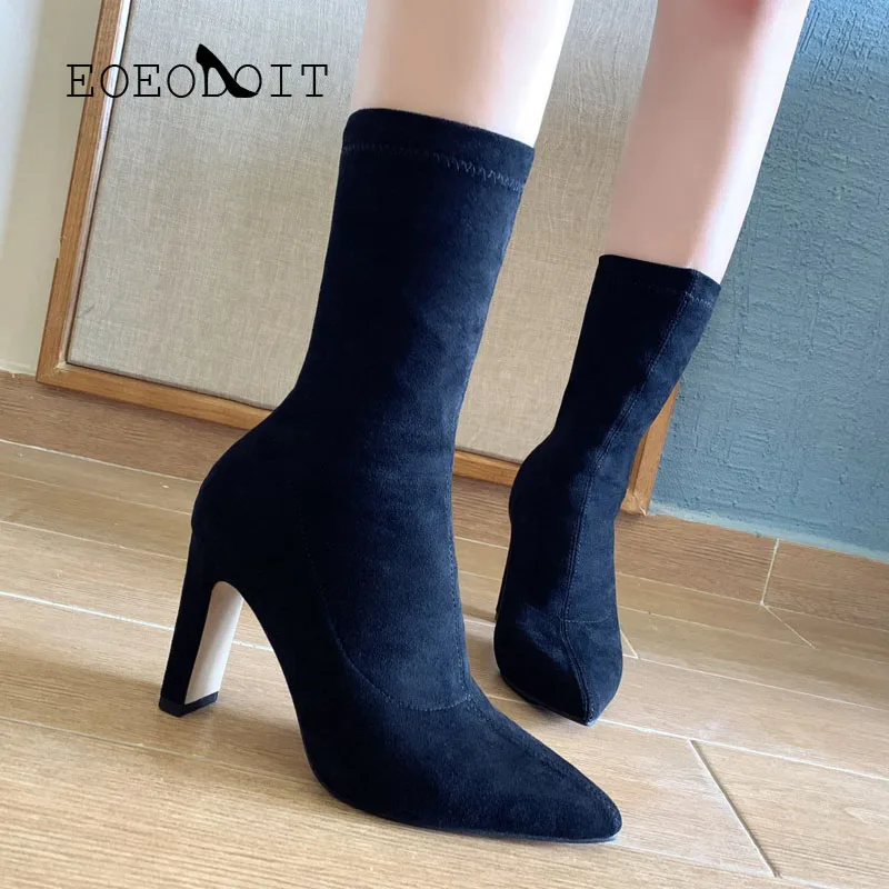 

EOEODOIT New Fashion Women Sock Boots High Heels Pointed Toe Autumn Winter Slip On Calf Booties Plush Sexy Pumps Shoes