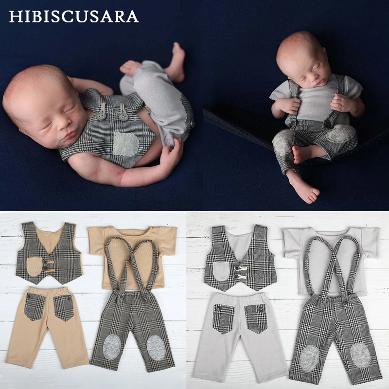 Newborn Boy Photography Clothing Sets Outfits Infant Boys Gentleman Photo Costumes Waistcoat Suspenders 2pcs Set Plaid