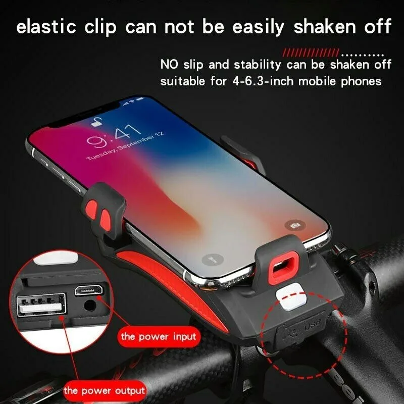 

4 In 1 Bike Light Phone Holder USB Solar Charging Waterproof Bike Light Front Led Flashlight Bicycle Tail Light Horn Accessories
