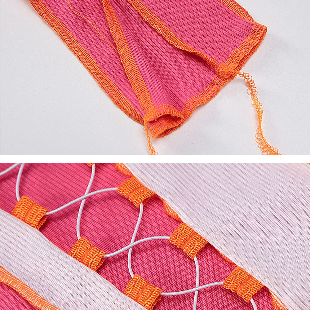 

2021 Spring Fashion Women Sexy Tee Shirt Elegant String Corss Hollow Out Crops Tops Contrast Color Ladies Streetwear Tops