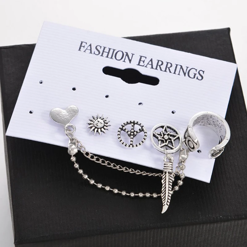 4Pc/Set Chain Eardrop Earring Sun Leaf Heart Shape Earrings Fashion Ear Ring Bohemia Retro Lady | Украшения и аксессуары