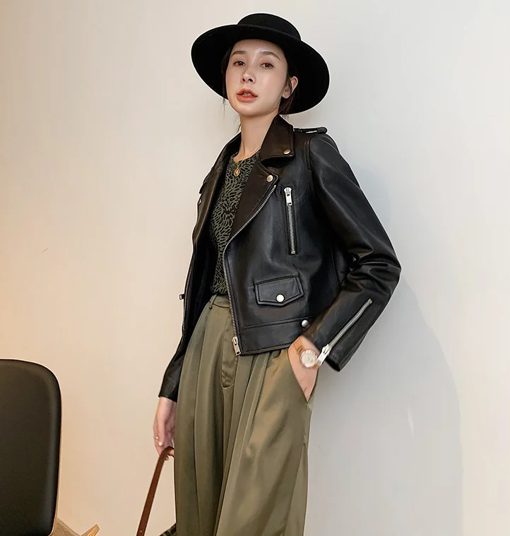 2021 New Women's Motorcycle Biker Genuine Real Sheepskin Leather Short Coat & Jacket  Spring and Autumn Black Oversized XXXXL