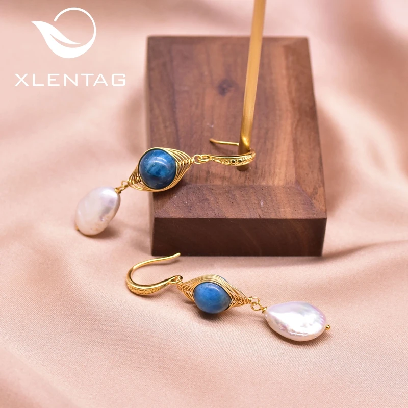 XlentAg эффектные круглые серьги с крючком из апатита камни капли воды женские