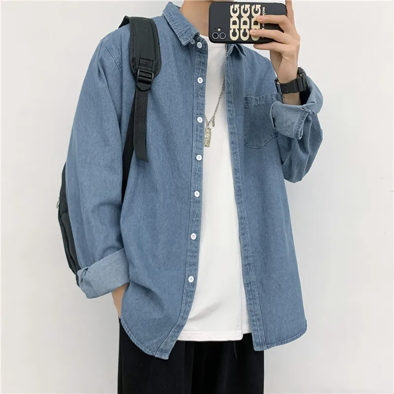 Harajuku Style Denim Shirt Spring and Autumn Long-sleeved Hong Kong Style Casual Loose Shirt Men's Trend Jacket Button Up Shirt
