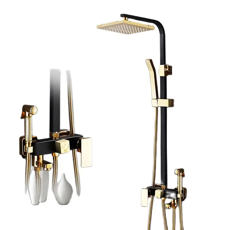 

Black Golden Rainfall Shower Faucet Bathtub Shower Mixer Faucet & Storage Shelf Shower With Spray Gun Bidet Faucet Spout Tap