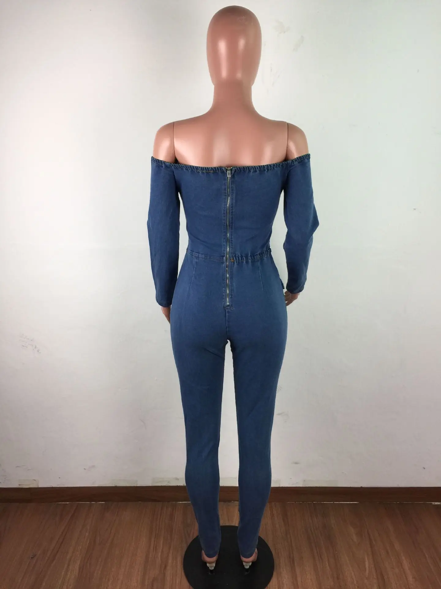 Sexy Hollow Out Off Shoulder Backless Bandage Jumpsuit Women Casual Long Sleeve Jeans Jumpsuit Woman Party Club Denim Bodysuit