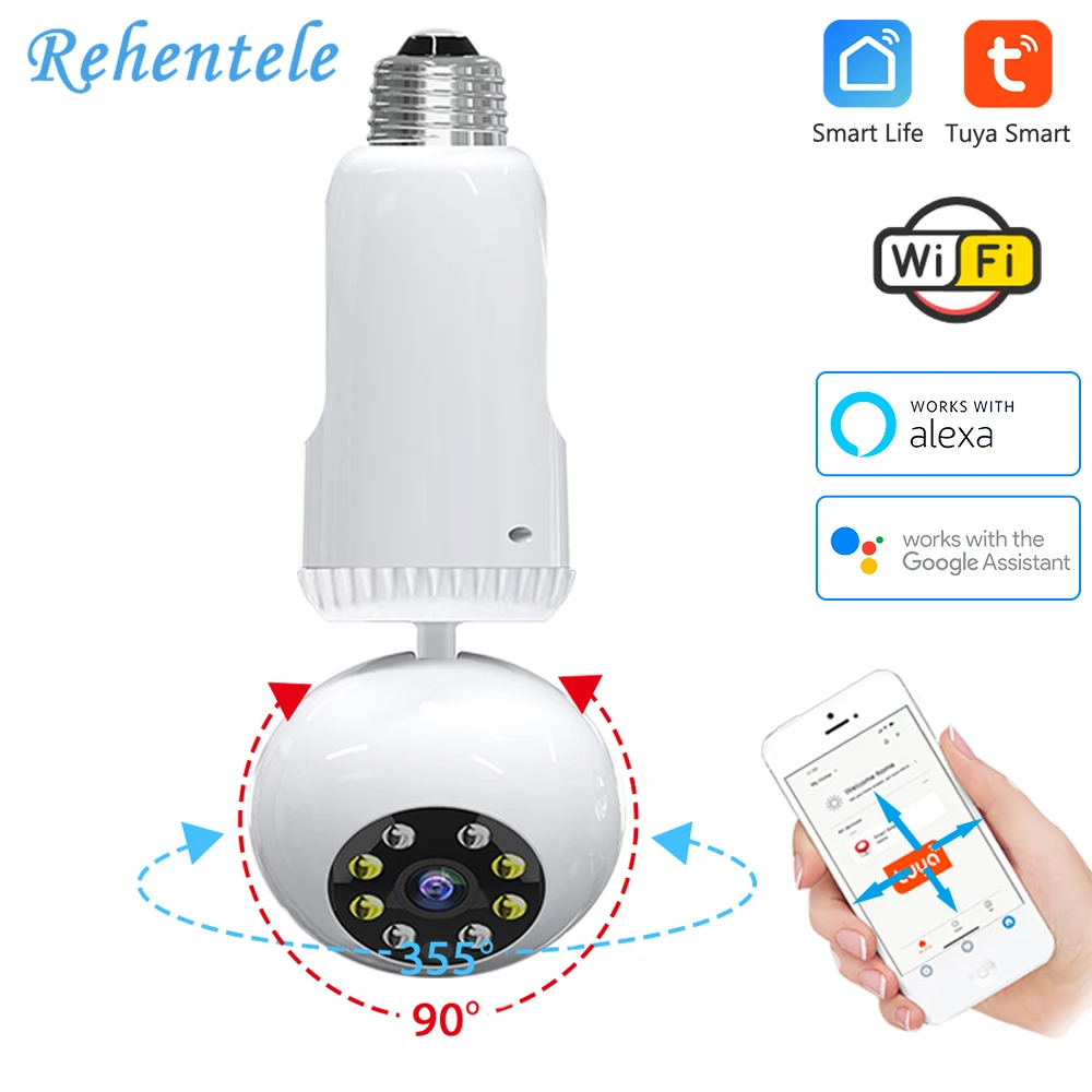 

Лампочка для видеонаблюдения Tuya E27, 2 МП, Wi-Fi, PTZ, двустороннее аудио, полноцветное ночное видение, Домашняя безопасность