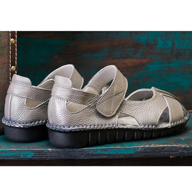 BeckyWalk/женские босоножки из коровьей кожи; Летняя обувь; удобные женские босоножки на плоской подошве с закрытым носком для мам; Sandalias Mujer; WSH2992