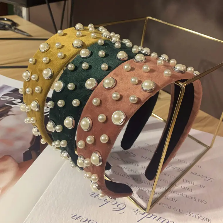 

Bohemian Solid Colorvelvet Knot Wide Hairband with Pearl Knotted Hairband Hair Accessories