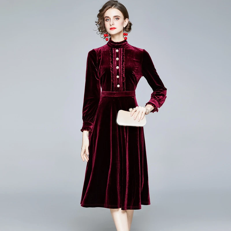 

Women Autumn & Winter Elegant Velvet Dress Festa High Quality Long Vintage Office Party Robe Femme Designer Vestidos