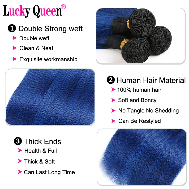 Счастливая Queen бразильские прямые волосы 1B/синий пучки человеческих волос Ombre с 4*4