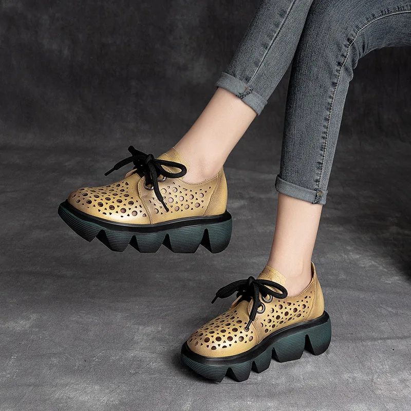 

Summer New Retro Casual Thick-soled Women's Shoes Cow Leather Lace-up Wedge Hollow Sandals Soft Comfortable Wear-resistant Shoes