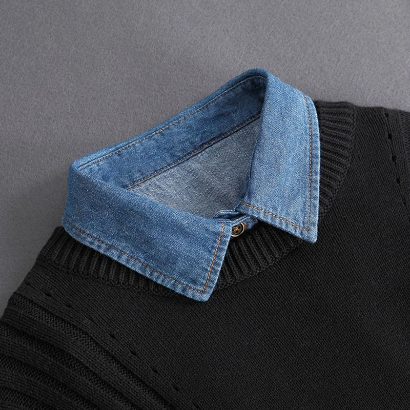 

Unisex Washed Denim Cotton False Fake Collar Button Down Detachable Lapel Half Shirt Blouse Sweater Decorative Dickey