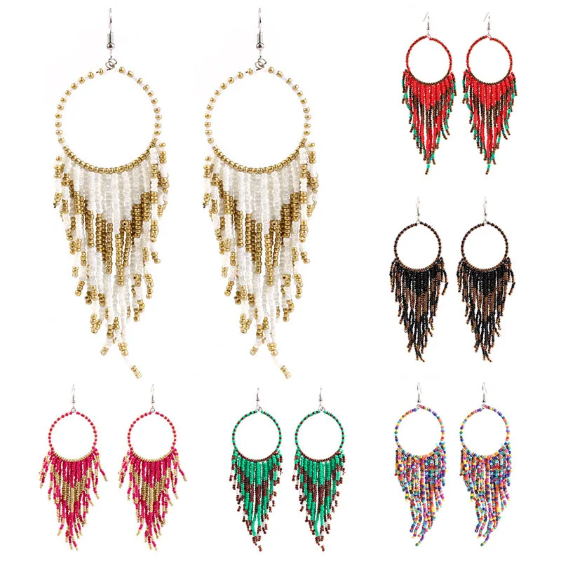 

Fashion Jewelry Retro National Style Earrings Long Style Rice Bead Tassel Earrings For Female