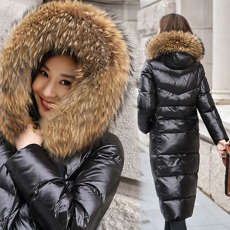 Large Natural Raccoon Fur Collar Hooded Winter Down Jacket Women White Duck Down Thick Warm Park Female Real Fur Long Snow Coat