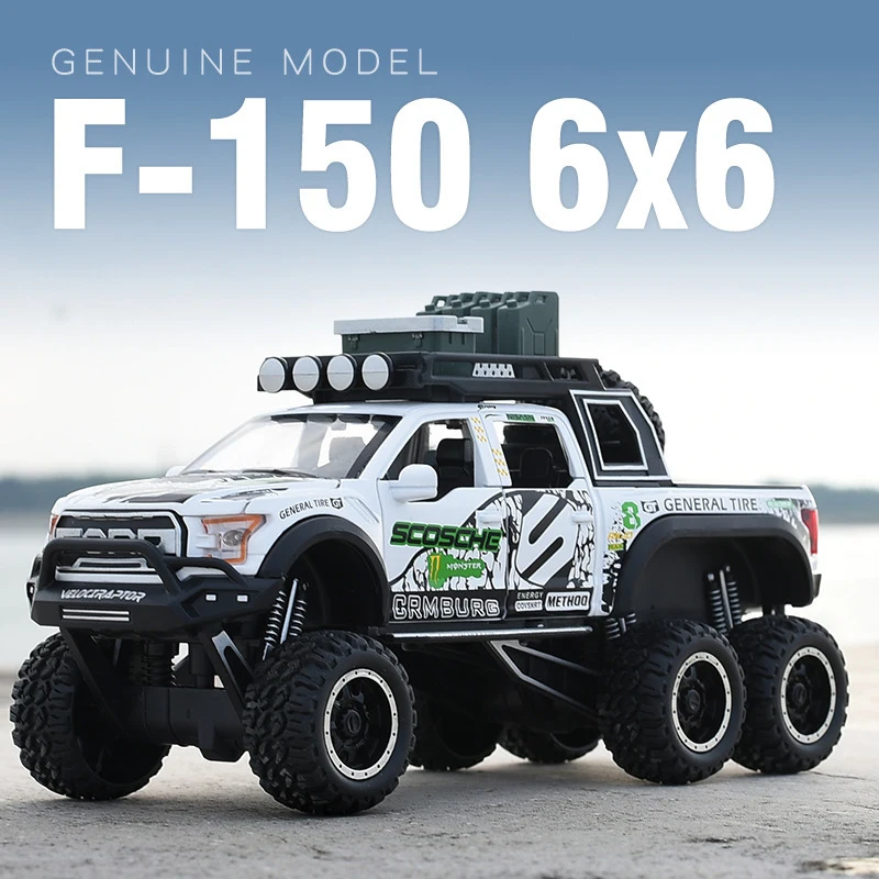 

1:28 Raptor F150 6X6 Big Wheel Alloy Diecast Car Model With Sound Light Pull Back Car Toys For Children Xmas Gifts
