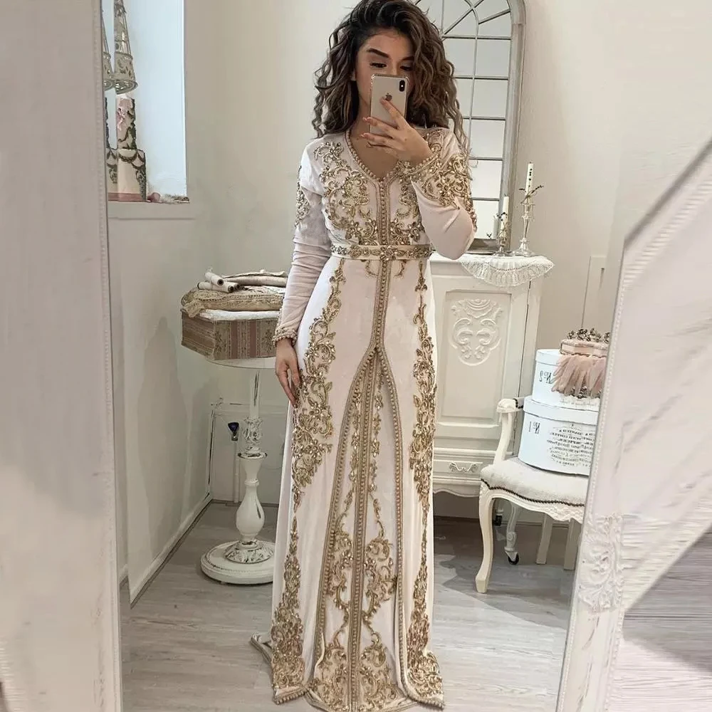 

Moroccan Kaftan Caftan Muslim Evening Dresses A-line V-neck Long Sleeves Applique Beading Dubai Arabic Turkey Abaya Islamic Gown