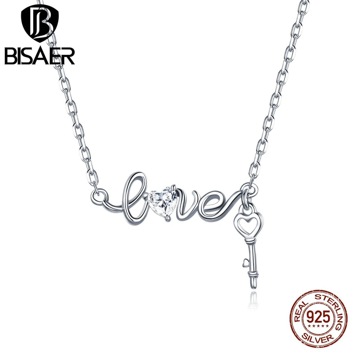 

Bisaer новое ожерелье 925 стерлингового серебра Любовь ключ цепь ожерелья и кулоны из нержавеющей стали серебристого цвета вокруг шеи отличное ...