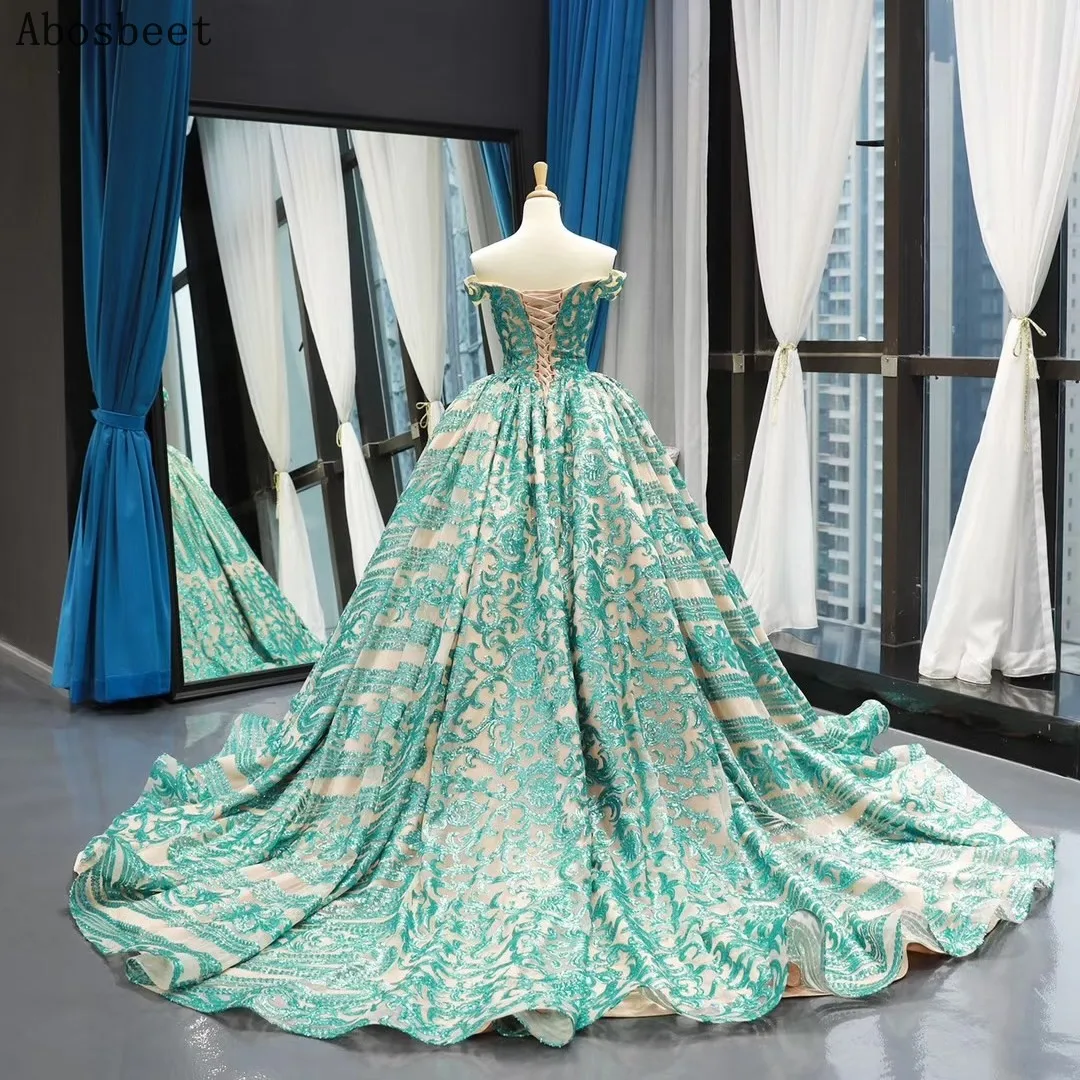 Green Sequins Lace Ball Gown Evening Dress 2021 Elegant Off Shoulder Puffy Prom Women Evening Gown Long Train Champange Lining