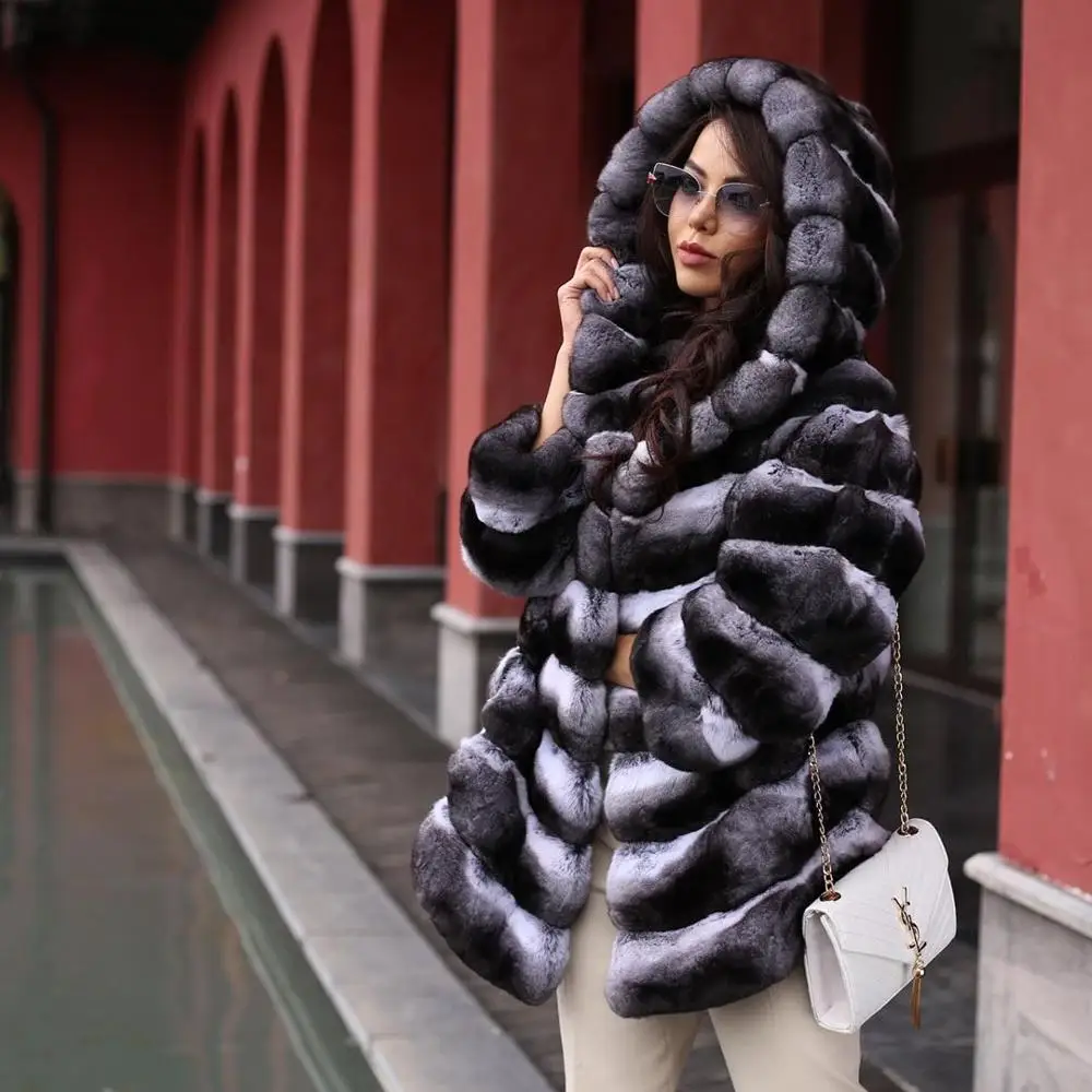 Medium Length Real Rex Rabbit Fur Jacket With Hood Winter Fashion 2022 New Women Genuine Rex Rabbit Fur Coat Thick Fur Overcoats enlarge