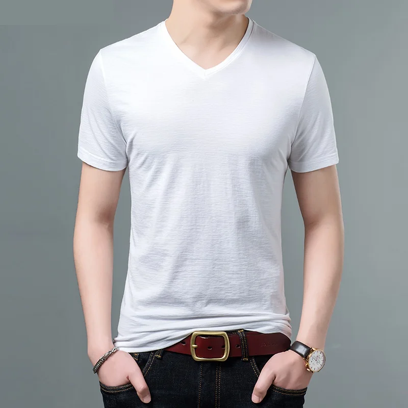 

Мужские летние топы 2021, футболки, Мужская хлопковая футболка с коротким рукавом, мужские футболки с V-образным вырезом и рукавом до локтя 128591