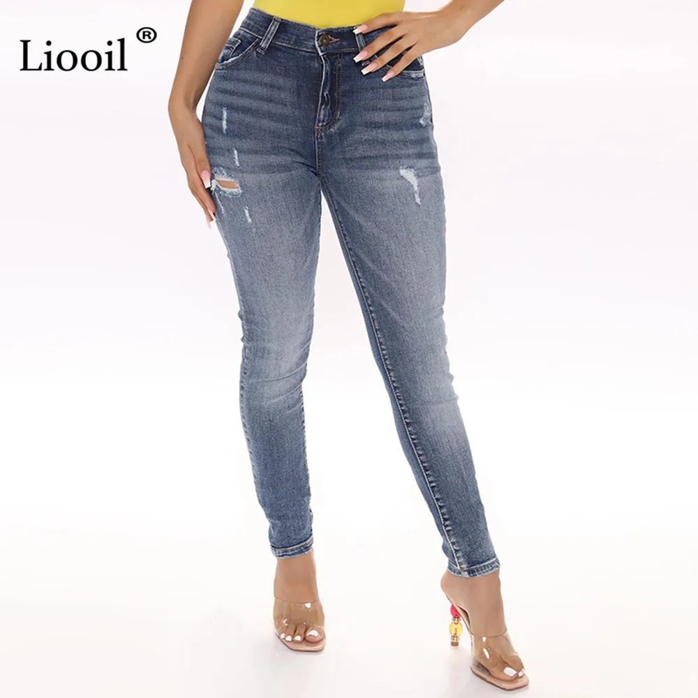 

Женские джинсы-карандаш Liooil, пикантные Темно-Синие рваные джинсы со средней талией и карманами на молнии, Осень-зима, 2021
