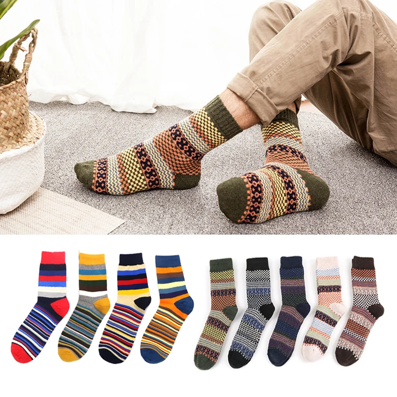

2pair Men's Long Socks Colorful Striped Comfortable Cotton Warm Thick Autumn Winter Knit Socks Male Hip Hop Crew Business Socks