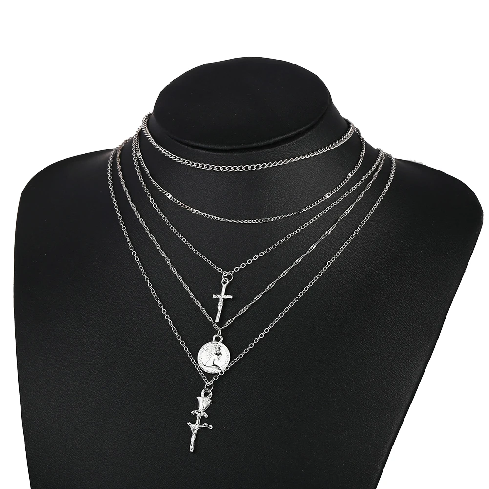 Vintage Women Necklace Cross Rose Flower Medal Coin Pendant Women Multi-layer Necklace Jewelry Woman's accesories