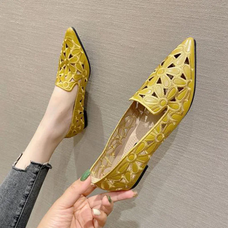 Gioio Women's pointed toe Shoes Spring Loafers Casual Single shoes Yellow Hollow Non-slip Gile's outdoor slippery shoes