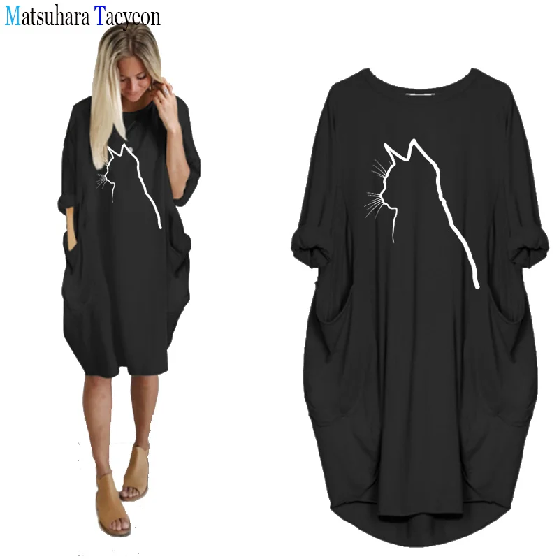 

New Spring Dress Women Ladies Casual Oversized Long sleeved Dresses Cat Print Pullover Large Size Loose Pocket Black Dress