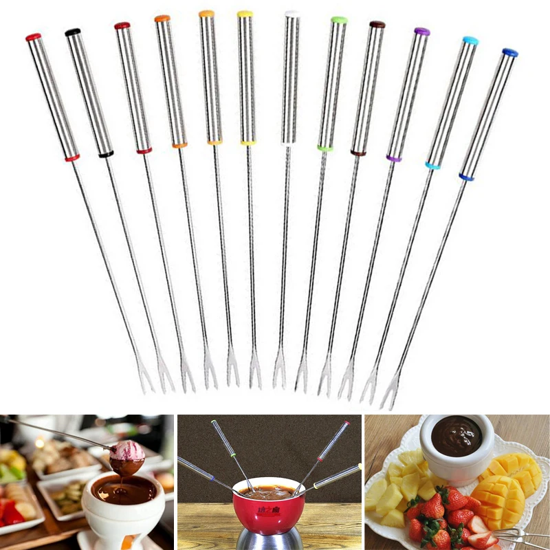 

6pcs / Set Stainless Steel Chocolate Fork Cheese Pot Hot Forks Fruit Dessert Fork Fondue Fusion Skewer Kitchen Tools