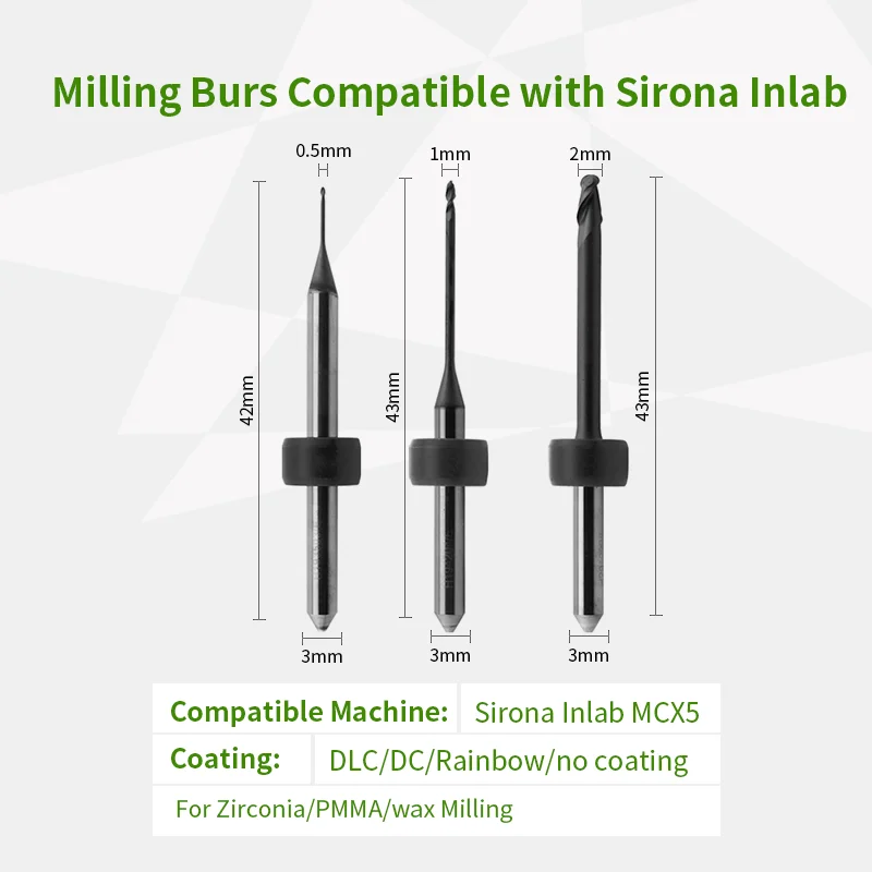 Sirona Milling Burs Compatible with Sirona inlab MCX5 Cad Cam System for Zirconia Blocks with Diamond Coating