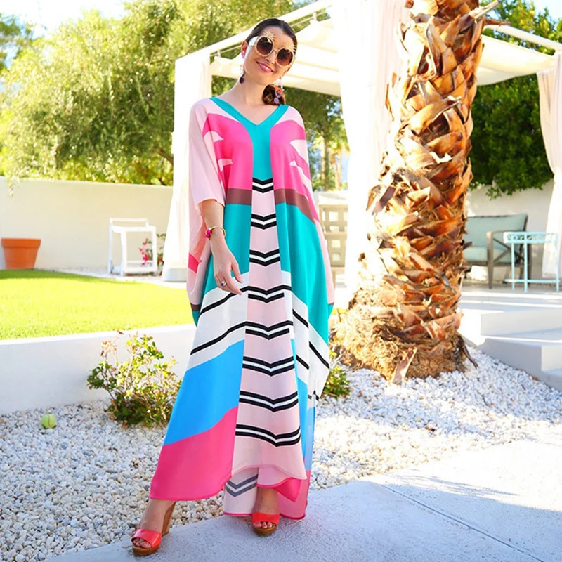 

2020 New Women Bikini Cover Up Swim Printed Plus size Beach Kaftan Long Robe de Plage Beach Dress Tunic Dolman Sleeve Beachwear