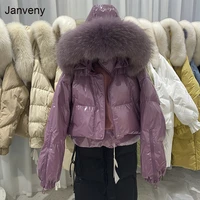 janveny waterproof gloosy down coat women 2021 natural raccoon fur hooded 90 duck down jacket loose short puffer feather parkas