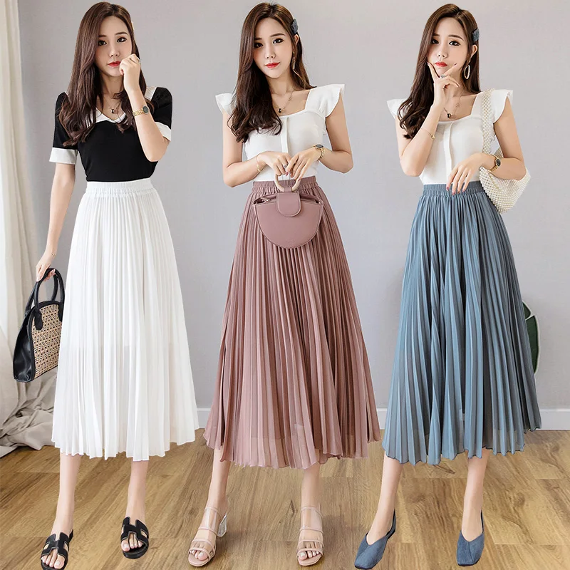 

Solid Color Elastic High Waist Pleated Skirt Women Fashion A-line Midi Skirts Summer Casual Flowing Chiffon Long Skirt