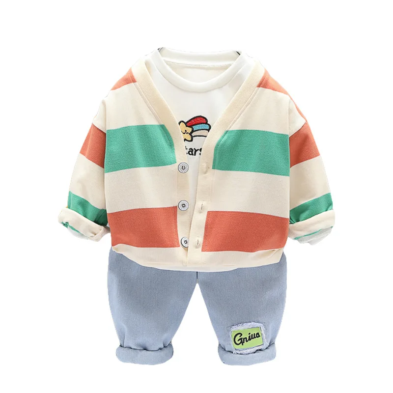 

HYLKIDHUOSE 2021 Spring Baby Boys Girls Clothing Sets Toddler Infant Stripe Coats T Shirt Jeans Children Kids Casual Costume