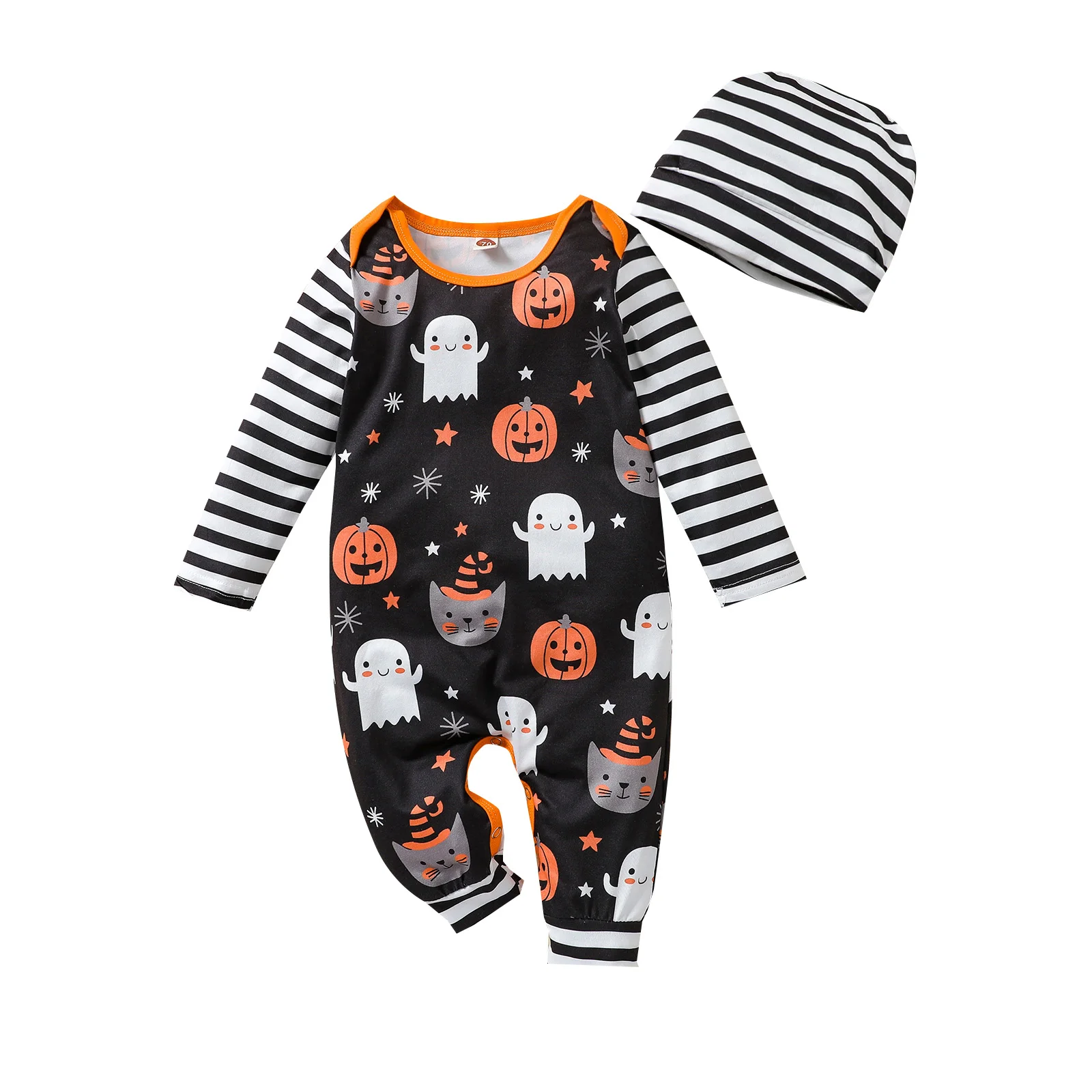 

2021 Halloween Clothes For Newborns 2Pcs Sets Pumpkin Stripe Printed Pattern Long Sleeve Romper Jumpsuit Hat Clothing For 0-18M