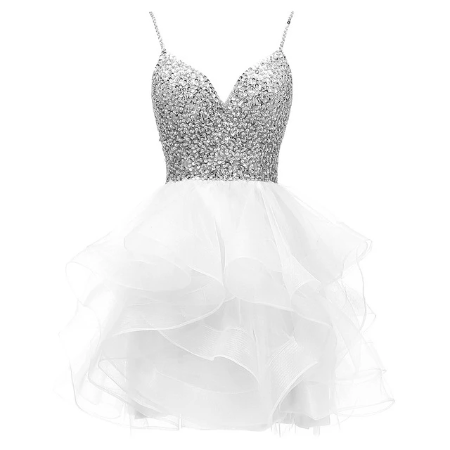 

ANGELSBRIDEP Spaghetti Beaded Bodice Short Homecoming Dress Tulle Prom Dress Sequins Party Gown 8 Grade Graduation Dress HOT