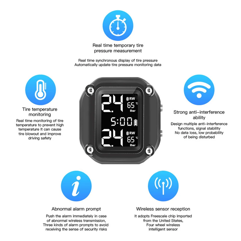 

Display Tyre Pressure Alarm w/ Time Monitoring System Outdoor Personal Car Solar LCD Motorcycle TPMS Parts Decoration