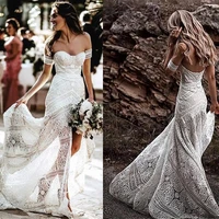 bohemian sweetheart lace wedding dresses beach sweep train high split vintage bridal gowns backless with armbands custom made