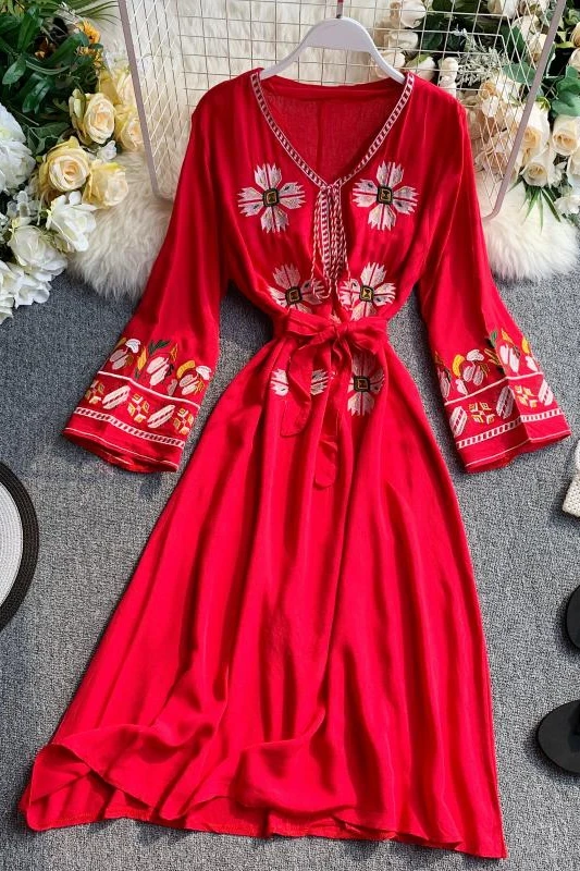 2019 новые модные женские платья в этническом стиле с цветочной вышивкой красного