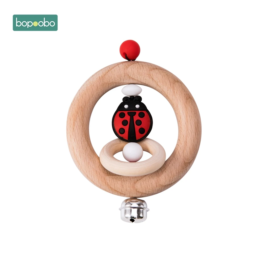 Ladybug Rattle Bopoobo 1 шт. детские игрушки из бука медведь рука прорезывание зубов деревянное кольцо можно жевать бусины играть в тренажерный зал Монтессори игрушки, погремушки для младенцев - Цвет: Ladybug Rattle