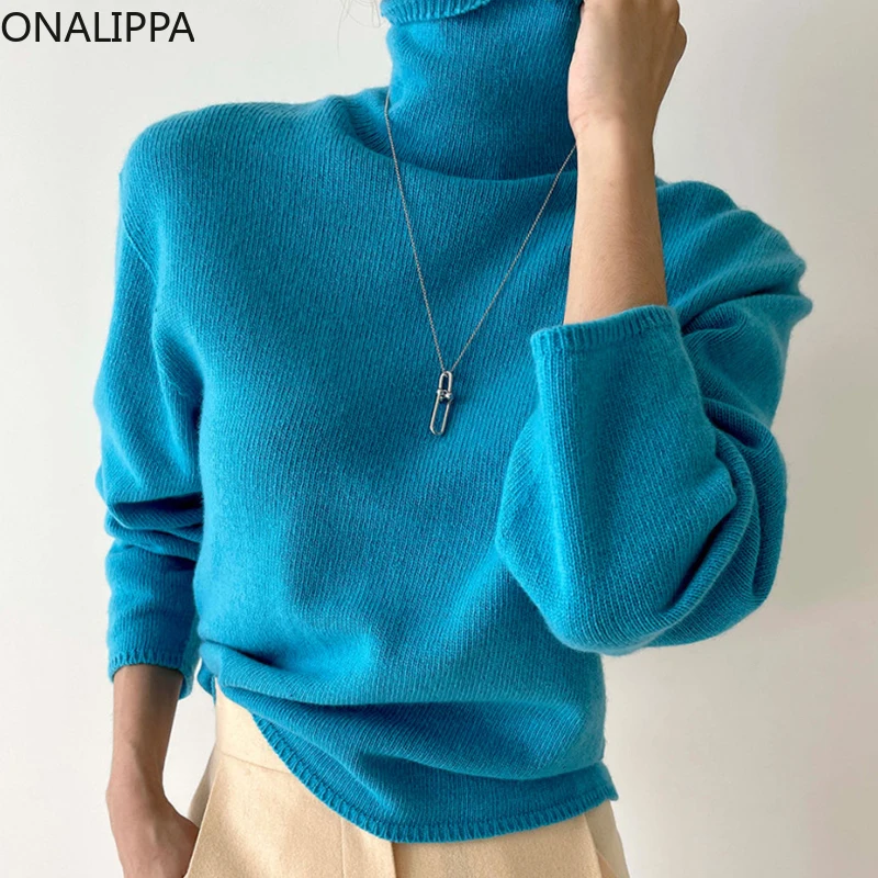 

ONALIPPA Solid Color High Neck Sweater 2021 Autumn Female Korean All-Match Loose Long Sleeve Core-spun Yarn Base Knit Sweater