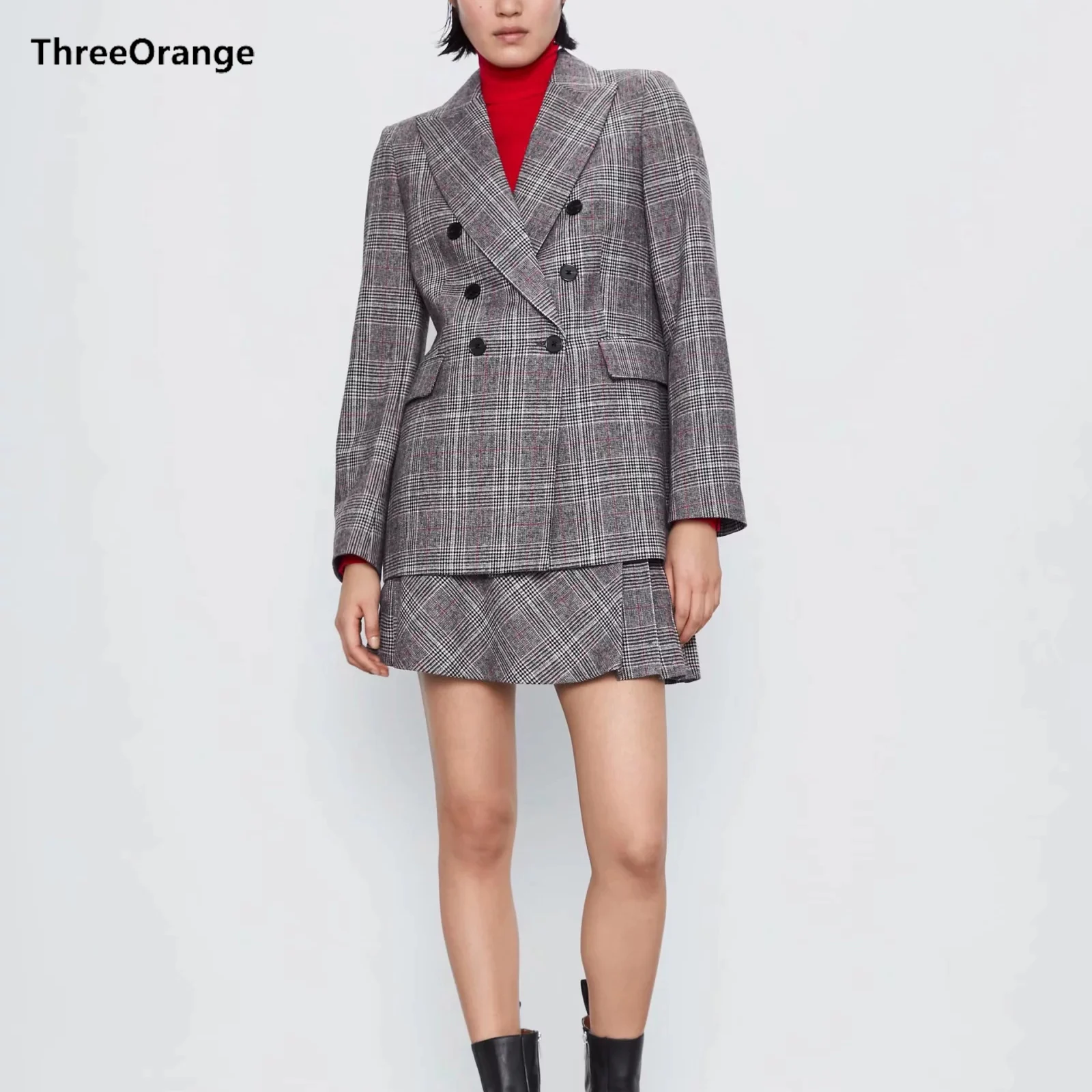 Женские костюмы ZA 2020 серый клетчатый пиджак и плиссированная мини юбка