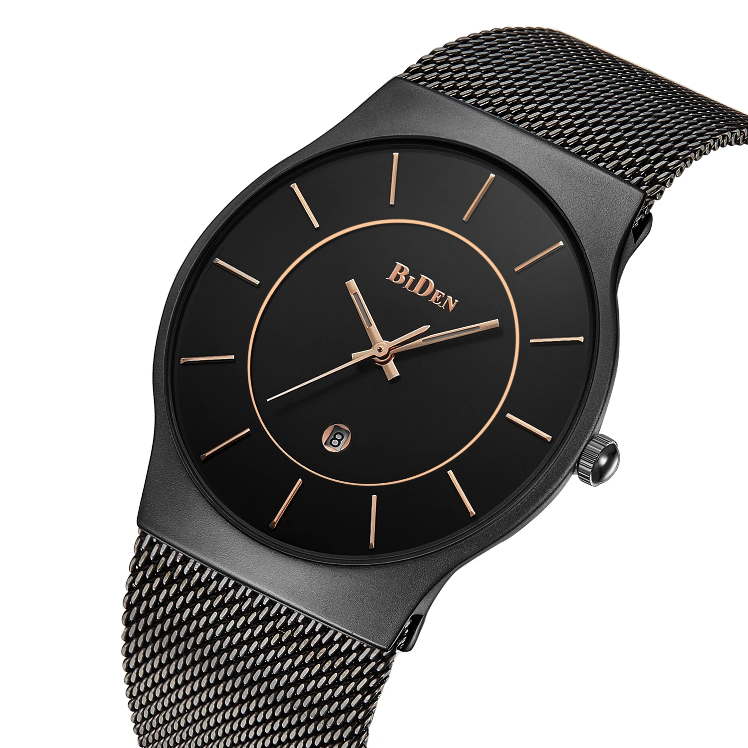 

BIDEN Men's Watch Top Brand Male Wristwatch Auto Date Display Black Slim Analog Case Mesh Fashion Dress Design Quartz Watches Waterproof Stainless Steel Strap Montre Homme Dropship Gift Present