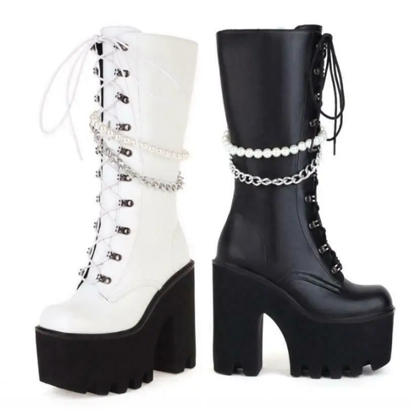 

Punk Women's Square Toe High Heel Platform Mid-Calf High Boots Shoes 36-44 C18