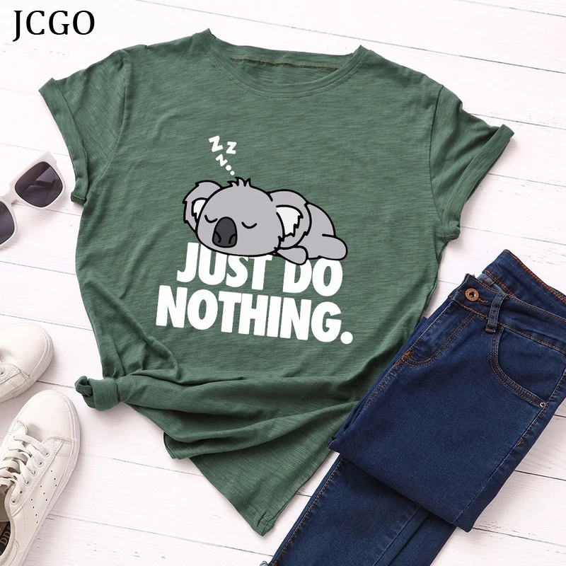 

JCGO Women T shirt Summer Short Sleeve 100% Cotton Versatile S-5XL Oversize Cute Koala Print Casual Tee Tops O Neck Lady tshirts