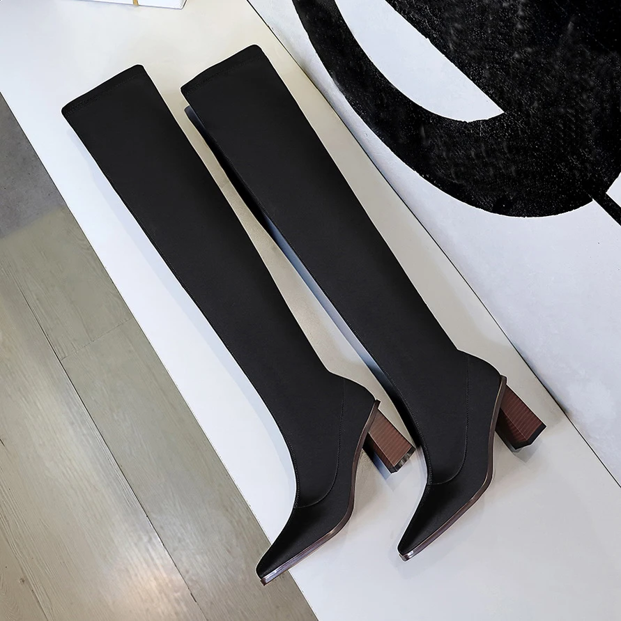 

Eilyken New Fashion Stretch Fabric Pointed Toe Over The Knee Boots Punk Thigh High Boots Black Concise Women Office Shoes