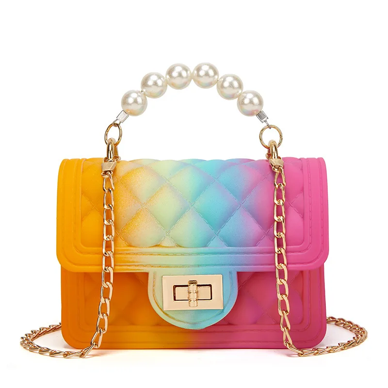 

Handbag Rainbow Bag PVC Chain Jelly Bag Spray Color Gradient Pearl Handbag Bags For Women Bags Dropshipping Tote Bags For Women